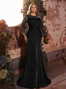 Glamrae Plus Size Elegant Romantic Long Sleeve Sheer Luxury Crystal & Pearl Embellished Neckline, Waist Twist Detail, High Slit Mermaid Hem With Train, Formal Evening Gown (Heavily Embellished Design) - Black - View 8