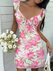 SHEIN EZwear 女士休闲粉色碎花迷你连衣裙，春夏款 - 粉色 - 查看 1