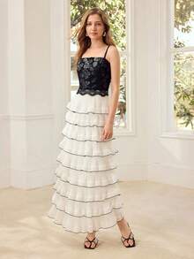 MOTF PREMIUM 女士刺绣收腰网纱连衣裙 - 黑與白 - 查看 5