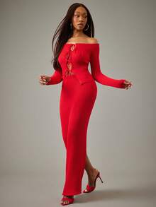 NYA SZN Matching Set (Top & Skirt) Top Long Sleeve Fitted Off The Shoulder Tie Detail Cut Out Maxi Skirt Fitted Festive Holiday Spring Break Winter Spring Knit Knitwear Rib Knit Outfits For Women - Red - View 1