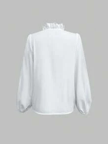 EMERY ROSE Elegant White Silky Summer Shirt For Women,Ruffled Lantern Long Sleeve Blouse,Plus Size Autumn Clothing,Everyday Work Elegant White Ruffle Blouses - White - View 2