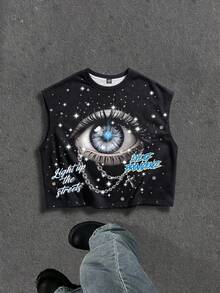 Manfinity ZONE917 Box-Shaped Cropped Street Style Faux Snowflake, Rhinestone, Star, Cross, Eye, Large Pattern Print Cropped Vest - Black - View 1