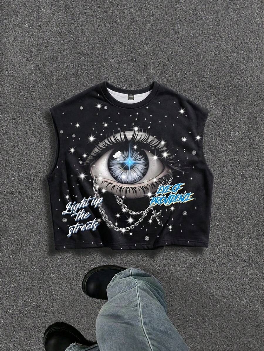 Manfinity ZONE917 Box-Shaped Cropped Street Style Faux Snowflake, Rhinestone, Star, Cross, Eye, Large Pattern Print Cropped Vest - Black - View 1