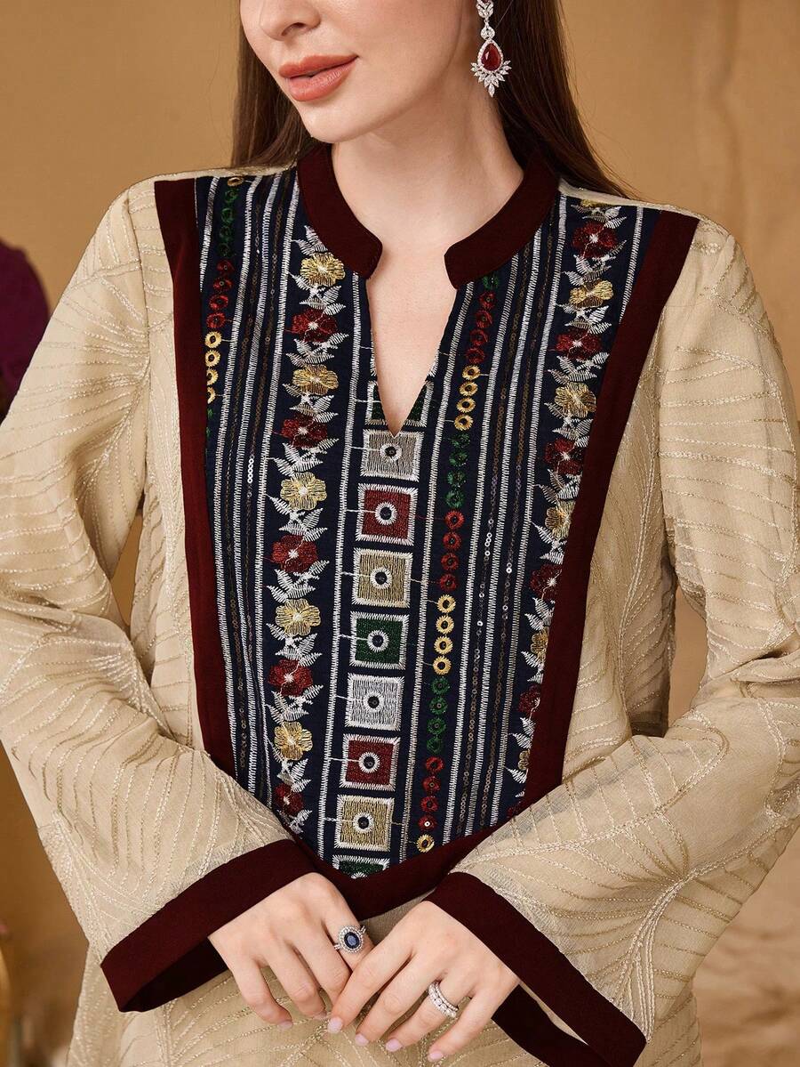 SHEIN Najma 优雅奢华刺绣面料拼接刺绣工艺领口宽松奢华女装 - 杏色 - 查看 1