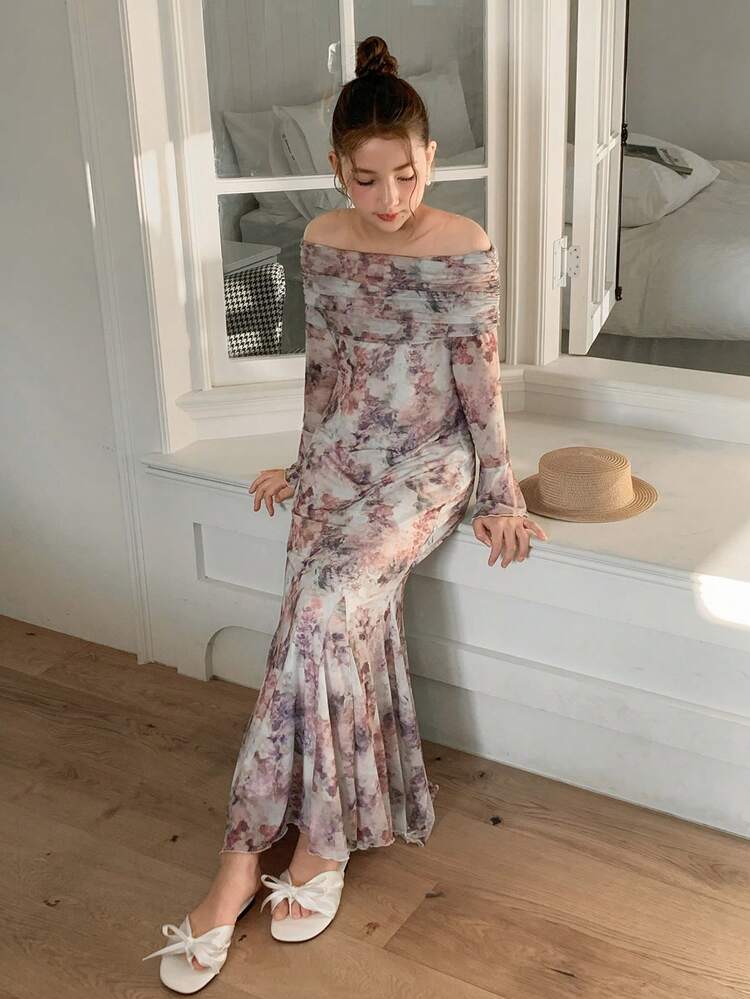 Tween Girl Open Shoulder Floral Print Elegant Sweet Party Cocktail Dress With Sheer Flare Sleeves Spring