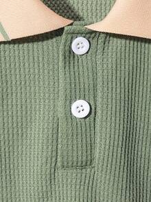 SHEIN Vintaside Kids Baby Boy Classic Green Waffle Fabric Apricot Polo Shirt, White Contrast Buttons Half Placket Short Sleeve Casual Top, Summer Streetwear Activewear For School, Holiday, Outdoor Retro Vintage, Baby Boy Clothes, Polo  Boy For Baby Baby Clothes Cotton,Toddler Button Up Boy Baby Clothes Cotton Toddler Clothes,6M-3T - Green - View 6