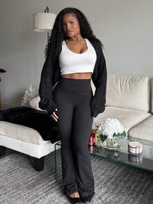 Tyla Gomez Cárdigan de mujer negro casual de 1 pieza con mangas de murciélago acanaladas, tops de manga larga en otoño/invierno - Negro - Ver 4