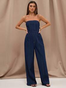 SHEIN BAE Women's Loose Fit Strapless Wide Leg Casual Denim Jumpsuit,Commuting Jumpsuits, Summer Denim Jumpsuits, Work Denim Jumpsuits, Casual Jumpsuits,Casual Outfit For Women,Raw Denim Jumpsuit,Summer Outfits For Women,Spring Clothes Women ,Elegant Jumpsuit For Women,Holiday Outfits For Women - Dark Wash - View 4