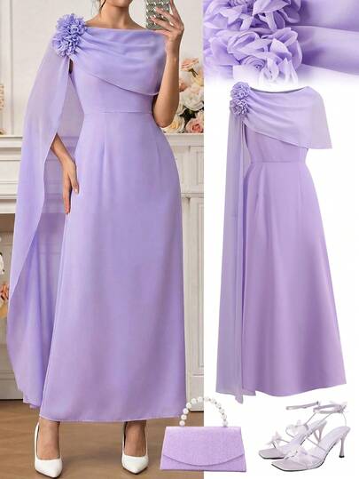 Ellevyn Women's Solid Light Purple Cinched Waist Asymmetric Floral Decor Elegant Chiffon Dress, Suitable For Everyday Wear In Autumn, Winter And Early Spring Summer Dresses For Women Spring Clothes Wome Weddings & Events Wedding Guest Dresses Lavender Formal Dress Lilac Dress Elegant Purple Elegant Dress Women Lilac Bridesmaid Dress Violet Dress