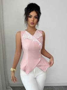 Selianne Women's Contrast Lace Single-Breasted Elegant Fashion Vest - Pink - View 4