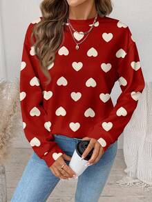 SHEIN LUNE Casual Retro Elegant Commute Versatile Warm Valentine's Day Couple Outfit Red & White Small Heart Print Pattern, Comfortable Loose Fit Crew Neck Long Sleeve Sweatshirt For Women, Suitable For Autumn/Winter - Multicolor - View 6