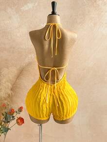 Soleia Bộ jumpsuit nữ màu trơn gợi cảm kiểu dáng nghỉ dưỡng cổ yếm - Màu vàng ngỗng - Xem 2