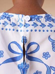 SUMWON Girls Peplum Tank Top Wide Leg Palazzo Pants Co-Ord Set Folk Print Summer Outfit Festive Occasionwear - Blue and White - View 8