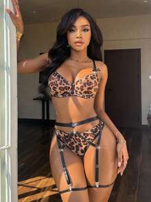 SHEIN 5件套豹纹性感内衣套装，配有钢环和圆形细节 - 彩色 - 查看 1