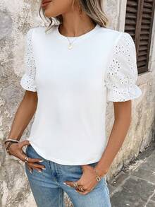 Breezaya Women's Casual Round Neck Versatile Fashion Hollow Embroidery Puff Sleeve T-Shirt - White - View 4