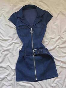 SHEIN 女士短袖拉链牛仔效果连衣裙 - 藍色 - 查看 1