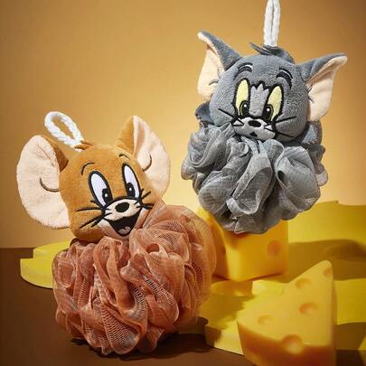 TOM & JERRY X SHEIN 1/2 miếng bọt biển tắm hình đầu mèo và chuột hoạt hình, lưới tạo bọt siêu mềm, dùng để tắm, kèm dây treo. Thích hợp cho kỳ nghỉ.