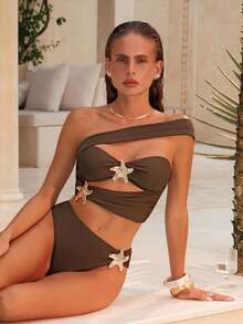 Swim Chiccia 2026 Spring/Summer Asymmetric Gold Starfish Asymmetrical Side High Cut Women's Elegant Bikini Swimwear 2 Pieces Set Sexy Swimwear Brown Two Pieces Set Brown Bikini Set Star Bikini Brown Swimwear Women - Brown - View 3