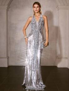 MOTF Soiréza 撞色亮片露背鸡尾酒裙 - 銀色 - 查看 2