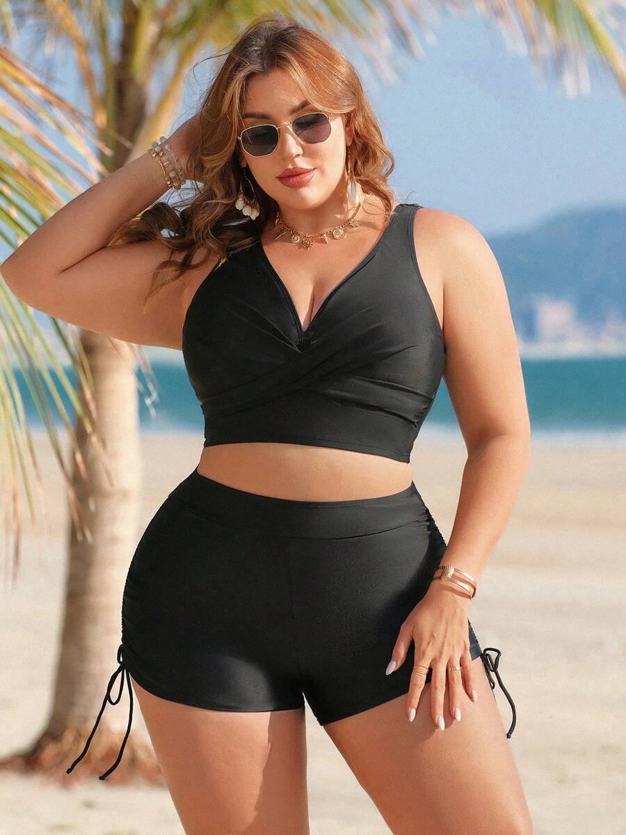 Swim Lushoire Bộ tankini màu trơn dành cho nữ cỡ lớn, gồm quần cạp cao buộc dây phía trước. - màu đen - Xem 1