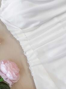 SHEIN Teen Girls Casual Vacation White Mesh Plunging Neck Backless Mini Dress, Short White Dress, Summer Dress, Ruched White Dress - White - View 4