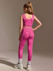 SHEIN Tween Girls Leopard Print Set, Fuchsia Fashionable Sportswear Set, Tank Top & Leggings Sets, Suitable For Casual, Yoga, Sports And More Occasions - Hot Pink - View 2