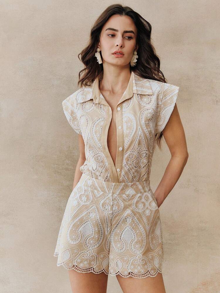 女性用 ユニークな休暇&デート刺繍ホロー パッチワーク クロップトップ&ショーツ 2ピースセット