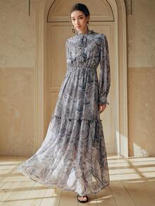 Anewsta 女士新款腰果花印花长袖优雅A字长裙，奢华精致，假日之选 - 藍色 - 查看 4