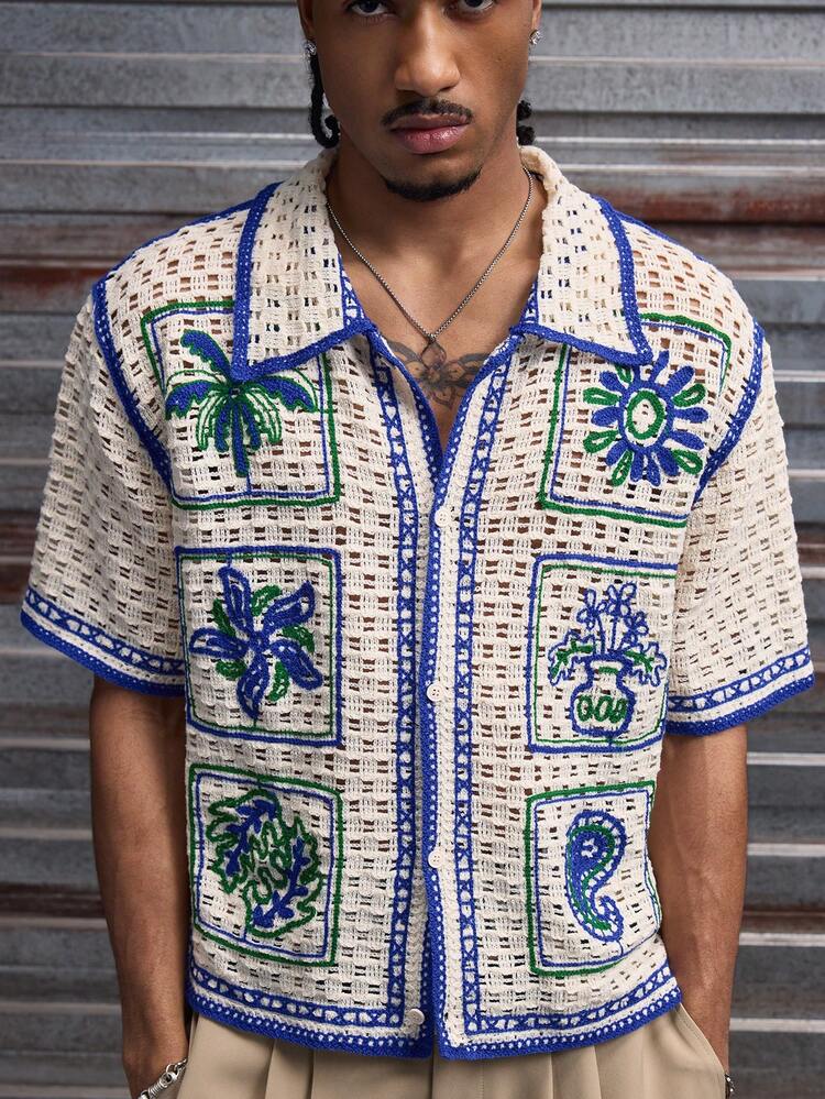 AXEPEAK Men's Vacation Palm Tree Pattern Hollow Out Short Sleeve