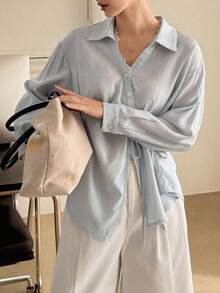 DAZY Women's Turndown Collar Long Sleeve Lace Patchwork Loose Side Tie Casual Shirt - Blue - View 2