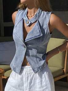 DAZY 女士修身腰部无袖休闲牛仔外套和背心 - 淺色水洗藍 - 查看 3