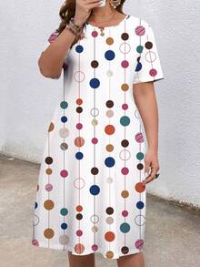 Mellowie Plus Size Round Neck Short Sleeve Polka Dot Print Loose Casual Dress - Multicolor - View 4