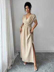 Elenzga Women's Elegant V-Neck Ruched Waist Split Hem Dress - Khaki - View 4
