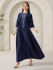 Veilorie Đầm Ả Rập dài tay cổ tròn thêu họa tiết thanh lịch dành cho nữ - Màu xanh hải quân - Xem 3