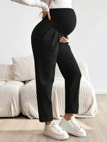 SHEIN Maternity Casual Solid Color Adjustable Waist Pants - Black - View 6