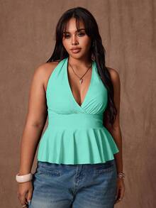 Rustia Áo tank top cổ yếm màu trơn dành cho nữ cỡ lớn, thích hợp mặc thường ngày và đi làm. - Màu xanh Bạc hà - Xem 4