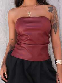 Rayane Ketlyn 新年和情人节女士勃艮第皮革上衣时尚褶皱不对称下摆抹胸，适合外出和派对上衣，新年女士 - 酒紅色 - 查看 3