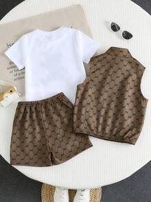 Young Boys 3-Piece Set: Cute Bear & Letter Print Soft Knit Crew Neck Short Sleeve Top, Vest, And Shorts, Casual, Comfortable, Versatile For Daily Wear, Travel, Outdoor, Holidays, Beach, Summer - Khaki - View 5