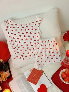 SHEIN EZwear Valentine 2pcs/Set Plus Size Heart Print Asymmetric Neck Top And Shorts Casual Set, Spring/Summer - Red and White - View 9