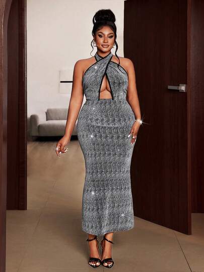 Maweii Plus Size Fashionable Sexy Backless Halter Neck Dress