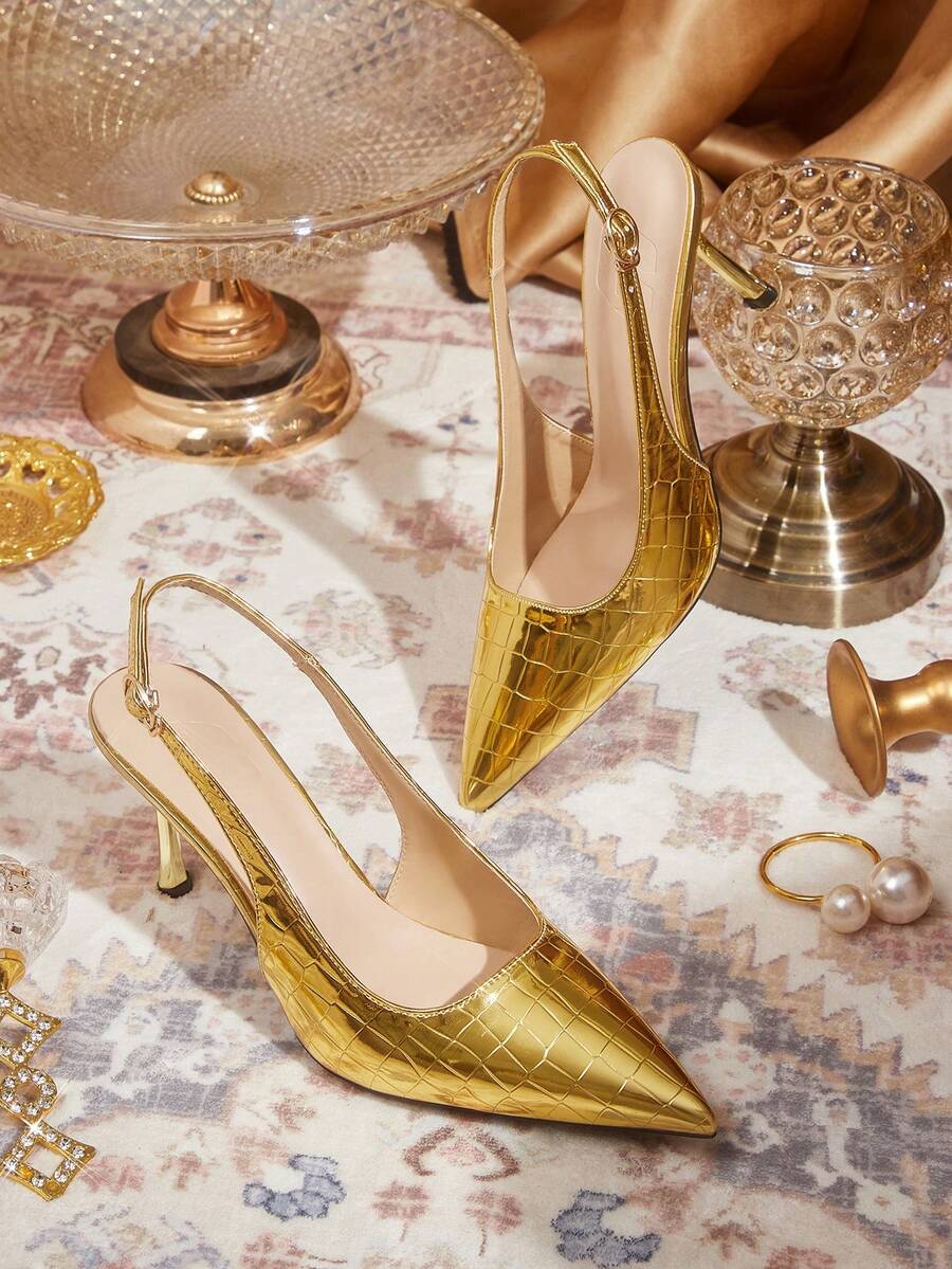 CUCCOO TILAWA Pointed Toe Backless High Heel Shoes, Fashionable Buckle Design, Elegant For Evening Party And Wedding - Gold - View 1