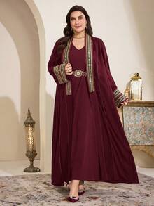 Al Najma Áo Abaya dệt kim thời trang và thanh lịch dành cho phụ nữ cỡ lớn - Màu Đỏ Sâu - Xem 4