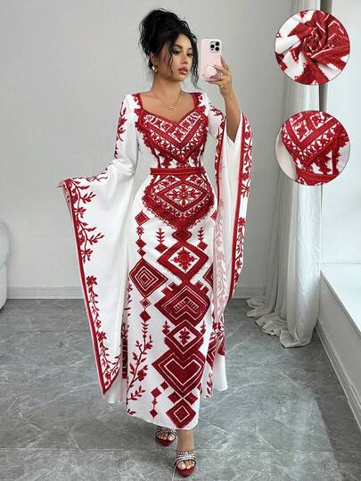 Elenzga Women's Elegant Fashion Commuter Casual Comfortable Charming Retro Minimalist High-End Romantic Holiday Long Sleeve V-Neck Waist Fit A-Line Fish Tail Hem Printed Dress, Suitable For Valentine's Day