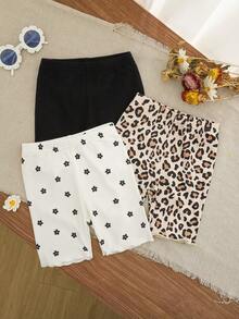 SHEIN Emery Rose Kids Quần legging mùa hè dáng rộng, in họa tiết toàn thân, cạp chun co giãn, chất liệu gân nổi, thích hợp cho bé gái. - Nhiều màu - Xem 5