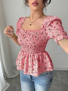 Elenzga Women's Elegant Ditsy Floral Print Slim Fit Blouse - Watermelon Pink - View 3