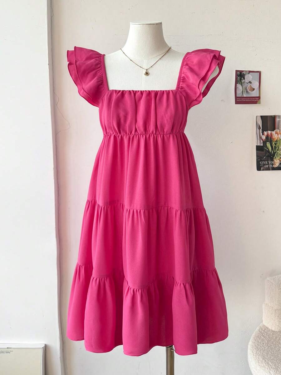 SHEIN 少女褶皱A字休闲度假连衣裙 - 玫紅色 - 查看 1