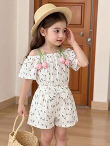 4-8Y 2pcs/Set Girls Summer Matching Floral All-Over Print Jacquard Spaghetti Strap Tulip Flower Ruffle Top & Bow Shorts Set,Family Vacation Holiday - Multicolor - View 3