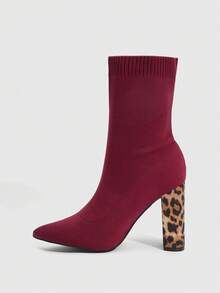 Daringsoles Pointed Toe Thick High Heel Slip-On Elastic Black Knitted Tight Fitted Sock Boots, Comfortable Sexy Leopard Pattern Elastic Ankle Boots For Women Valentine's Day - Burgundy - View 4