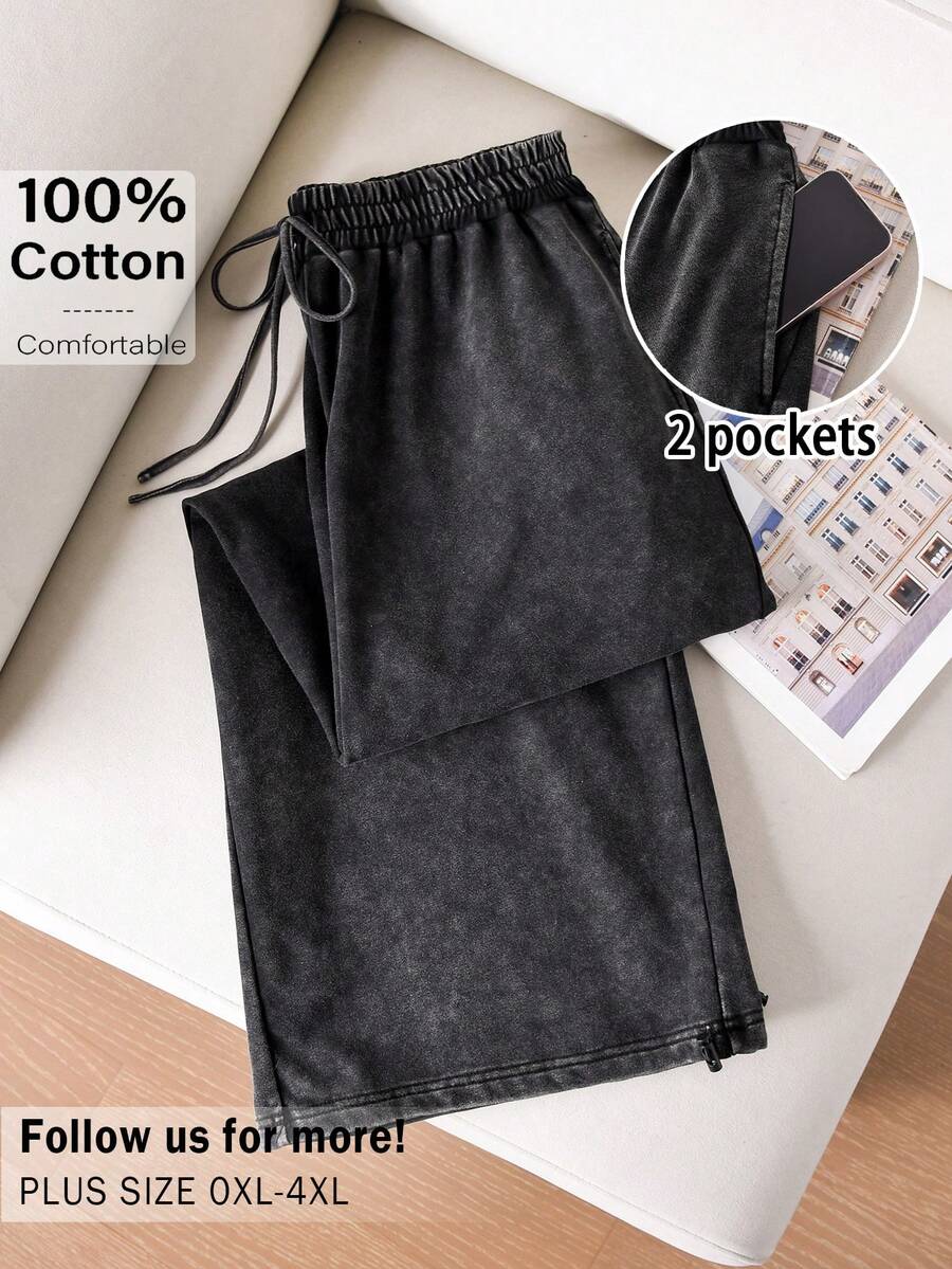 CosyJoli Quần ống đứng dệt kim họa tiết bông tuyết cỡ lớn, có túi, dây rút, dáng rộng, quần nữ thường ngày, quần mùa xuân cho nữ. - màu đen - Xem 1