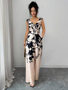 Rafferiza 女士露肩印花收腰阔腿连体裤，休闲度假装，春夏款 - 杏色 - 查看 3